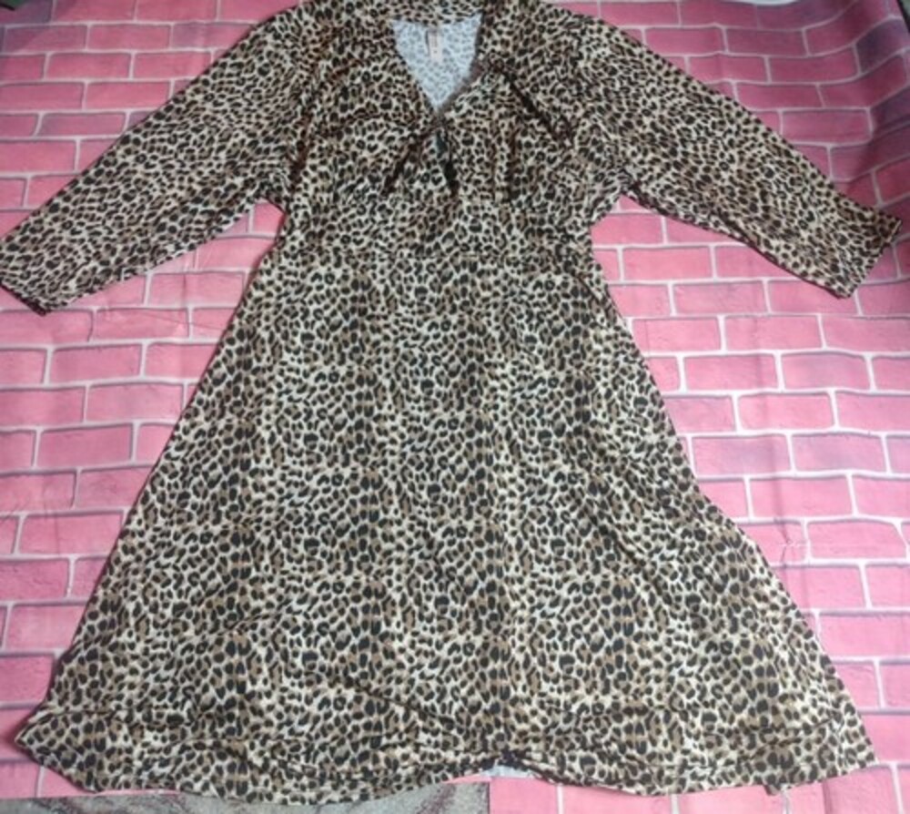 24seven - Long Sleeve V-Neck Dress - Women 2X - Brown leopard cheetah print